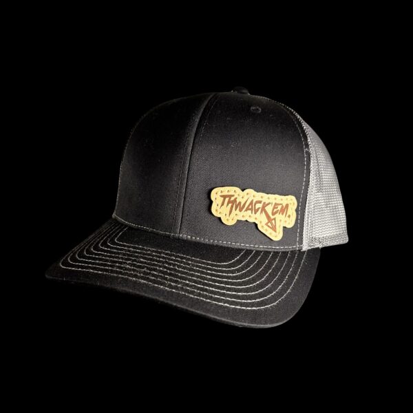 Thwack Em bowhunting leather patch hat in black and grey