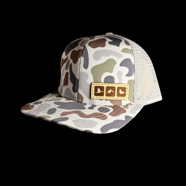 triblock duck brackish and smoke slate camo leather patch trucker hat