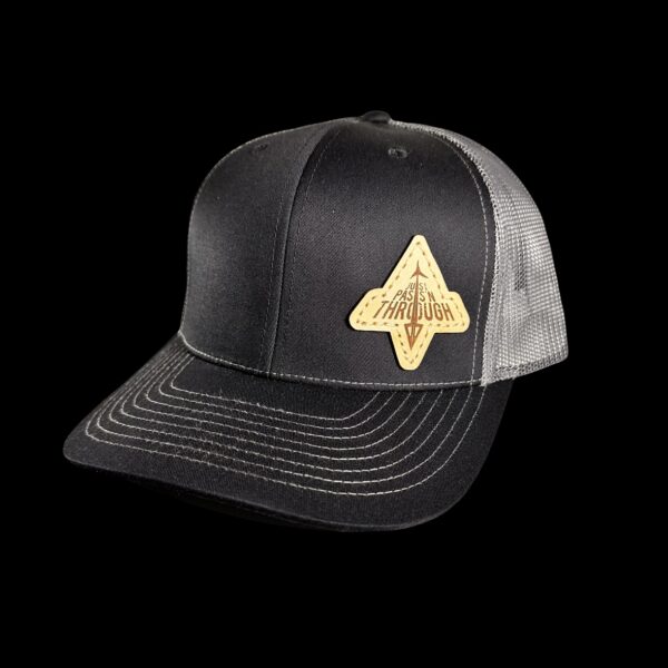 just pass'n through black and charcoal leather patch hat