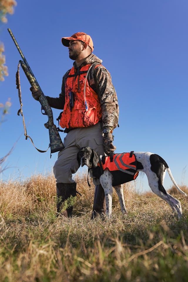 man and bird dog in hunter orange