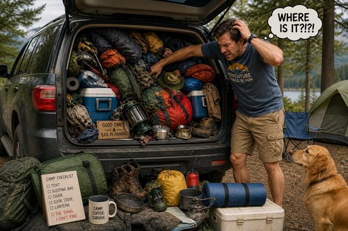 frustrated man looking in suv for outdoor gear