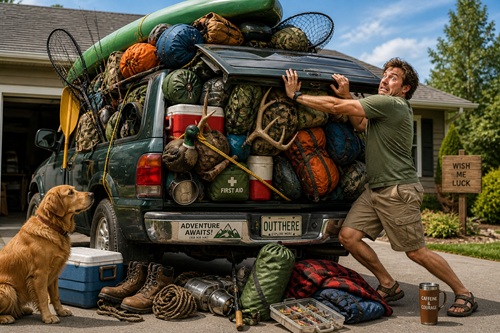 funny pic of man packing a truck too full