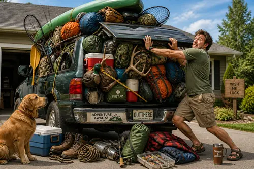 funny pic of man packing a truck too full