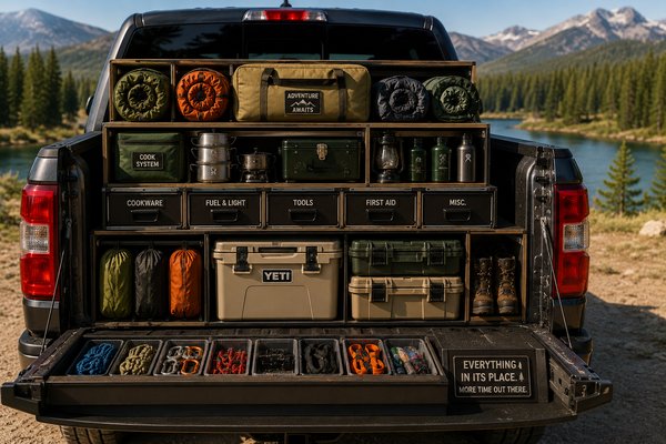 organized truck with outdoor gear