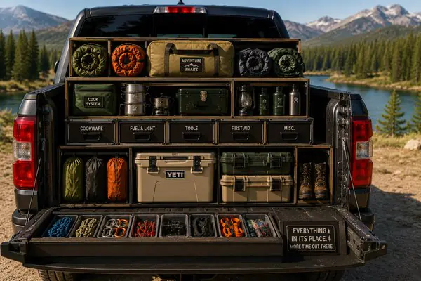 organized truck with outdoor gear
