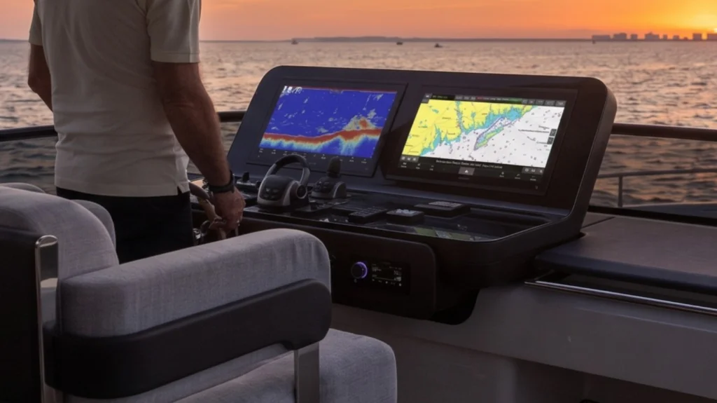 man looking at fish finder on boat
