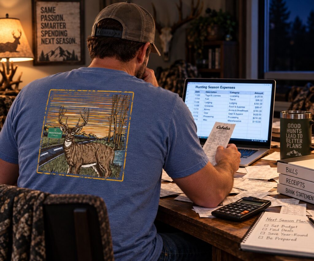 man budgeting for hunting season wearing the rackingham whitetail t-shirt from N1 Outdoors