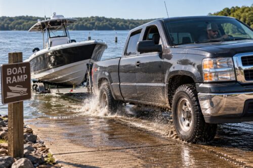 truck pulling boat out of the water