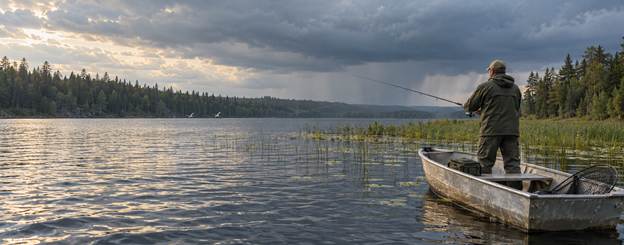 man fishing from john boat with front moving in