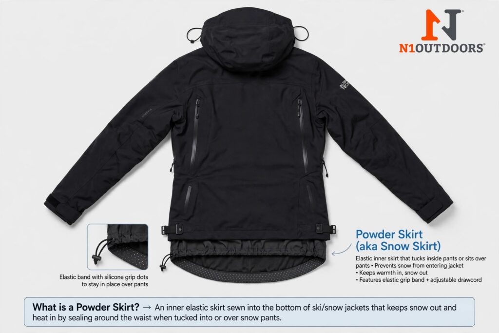 what is a powder skirt on ski jacket infgraphic